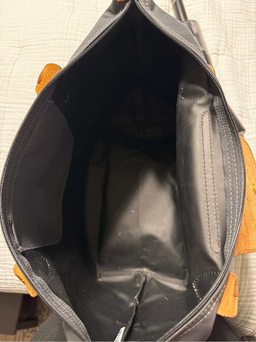 Longchamp Le Pliage Small Dark Gray Nylon Shoulder Tote Brown Leather - Picture 7 of 12